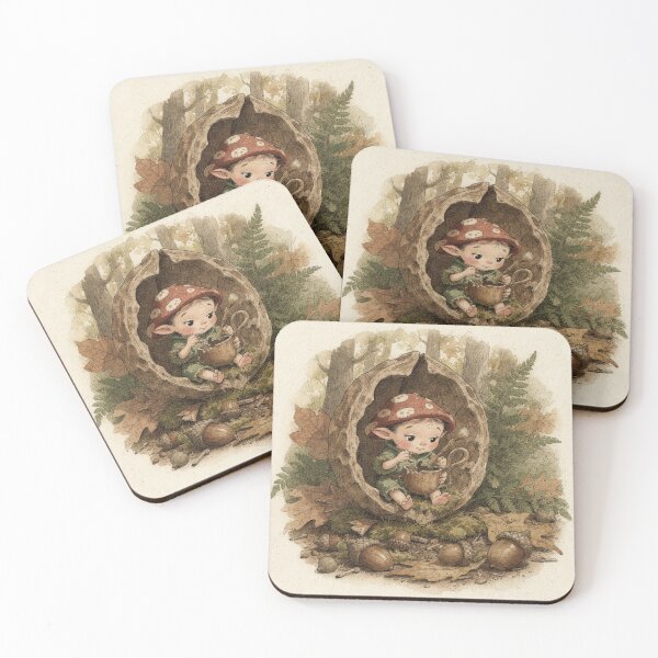Item preview, Mushroom Sprite Mending a Cracked Acorn Teacup Storybook Art designed and sold by PictorialWhimsy.
