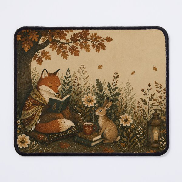 Item preview, Fox and Rabbit Reading Under Autumn Tree Whimsical designed and sold by Jozefin's Studio.