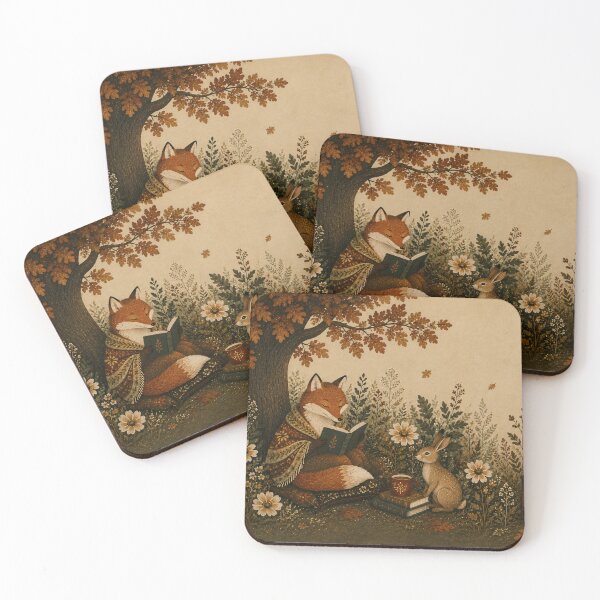 Item preview, Fox and Rabbit Reading Under Autumn Tree Whimsical designed and sold by Jozefin's Studio.