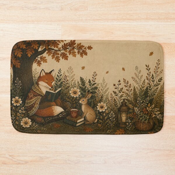 Item preview, Fox and Rabbit Reading Under Autumn Tree Whimsical designed and sold by Jozefin's Studio.