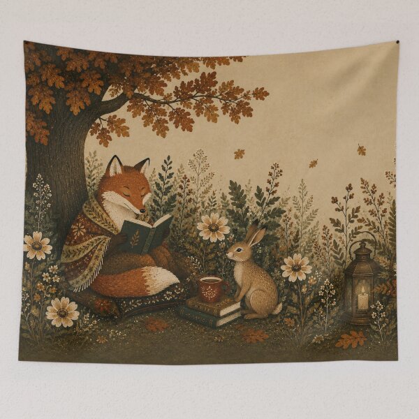Item preview, Fox and Rabbit Reading Under Autumn Tree Whimsical designed and sold by Jozefin's Studio.