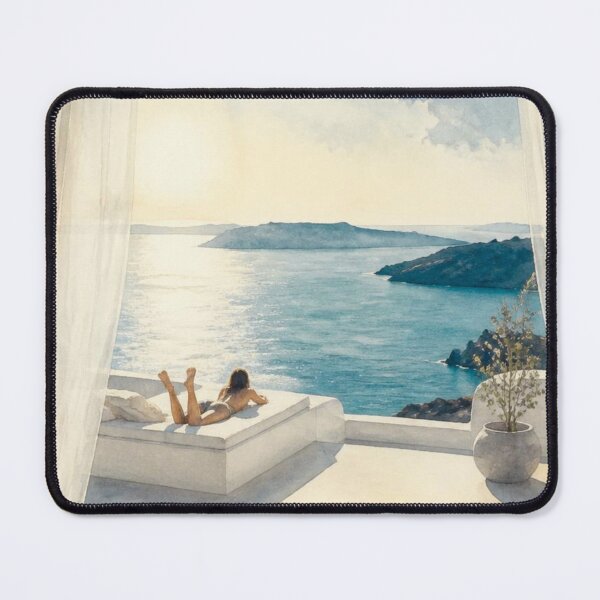 Item preview, Watercolor painting of a woman sunbathing over the Mediterranian designed and sold by Printsincolor.
