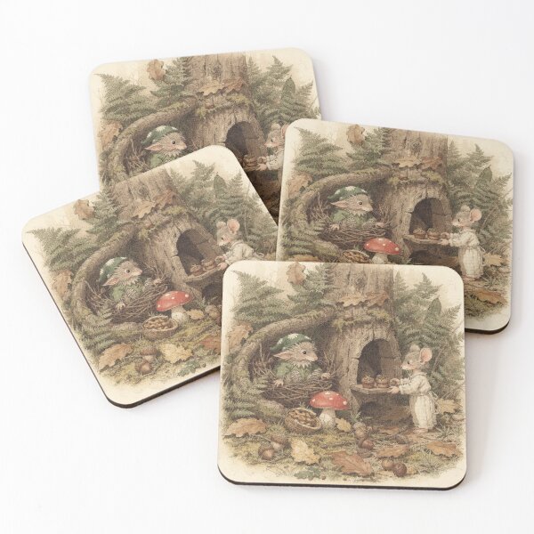 Item preview, Dormouse Folk Baking Acorn Muffins in a Stump Oven Storybook Art designed and sold by PictorialWhimsy.