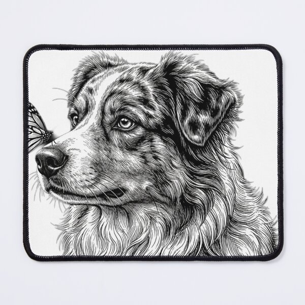 Item preview, Curious Australian Shepherd with Butterfly – Vintage Dog Sketch designed and sold by ShirtsUp-Lane.