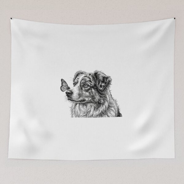 Item preview, Curious Australian Shepherd with Butterfly – Vintage Dog Sketch designed and sold by ShirtsUp-Lane.