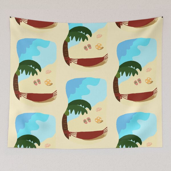 Item preview, Hand Drawn Tropical Beach Summer Scene, Coconut Tree Hammock Flip Flops Illustration designed and sold by Tanapan2529.