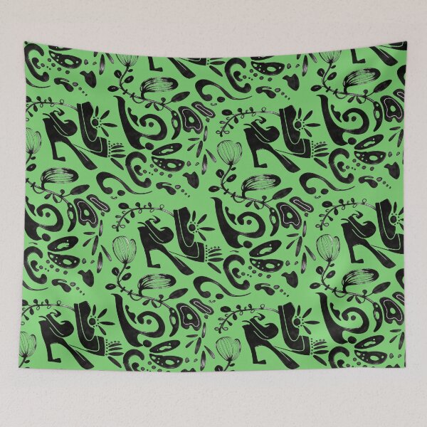 Item preview, Lime Green Whimsical Black Ink Folk Floral Pattern designed and sold by wissal.studio.