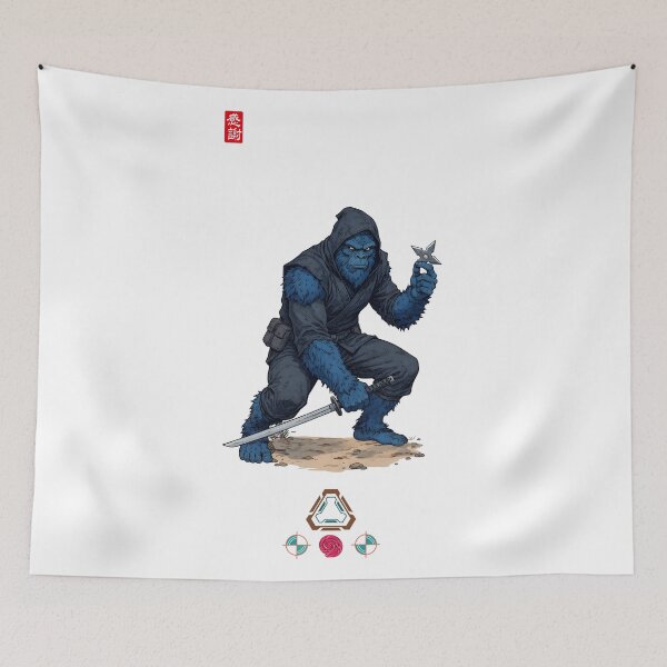 Item preview, Blue Ninja Ape Warrior in Stealth Stance with Katana and Shuriken designed and sold by Whimsy Trail Co.