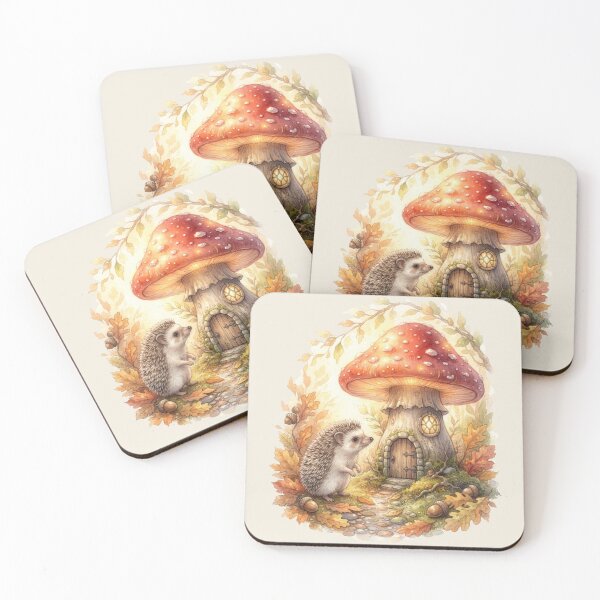 Item preview, Hedgehog Autumn Mushroom House Watercolor Cottagecore Art designed and sold by CalmCapy Co.