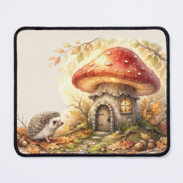Item preview, Hedgehog Autumn Mushroom House Watercolor Cottagecore Art designed and sold by CalmCapy Co.