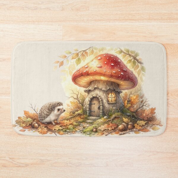Item preview, Hedgehog Autumn Mushroom House Watercolor Cottagecore Art designed and sold by CalmCapy Co.