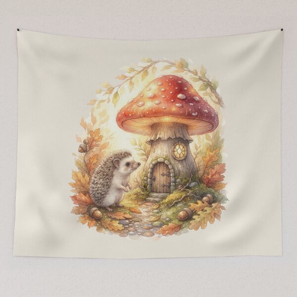 Item preview, Hedgehog Autumn Mushroom House Watercolor Cottagecore Art designed and sold by CalmCapy Co.
