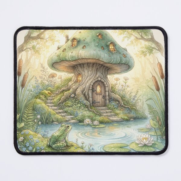 Item preview, Frog Pond Mushroom House Watercolor Cottagecore Art designed and sold by CalmCapy Co.