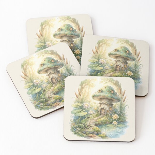 Item preview, Frog Pond Mushroom House Watercolor Cottagecore Art designed and sold by CalmCapy Co.