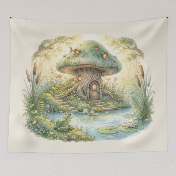 Item preview, Frog Pond Mushroom House Watercolor Cottagecore Art designed and sold by CalmCapy Co.