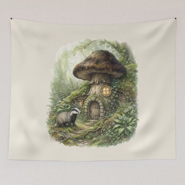 Item preview, Badger Mossy Mushroom House Woodland Cottagecore Art designed and sold by CalmCapy Co.