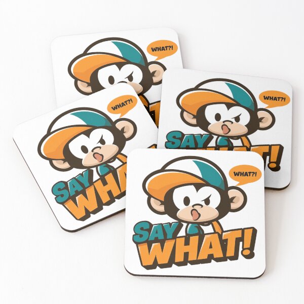 Item preview, Surprised Cartoon Monkey Mascot Saying Say What With Speech Bubble And Bold Typography designed and sold by KanDa-Shop.