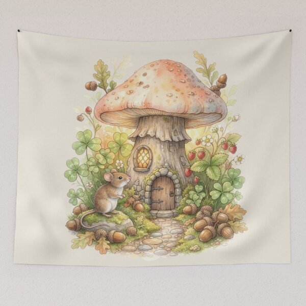 Item preview, Mouse Strawberry Mushroom House Miniature Cottagecore Art designed and sold by CalmCapy Co.