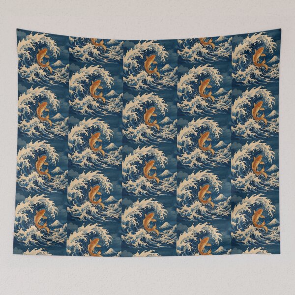 Item preview, Golden Koi Fish and Great Wave - Japanese Woodblock Mount Fuji Art designed and sold by Knacky Print.