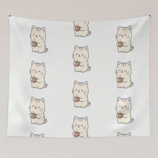 Item preview, Cute Cat Drinking Coffee - Adorable Kawaii Illustration designed and sold by Breezes-of-Ida.