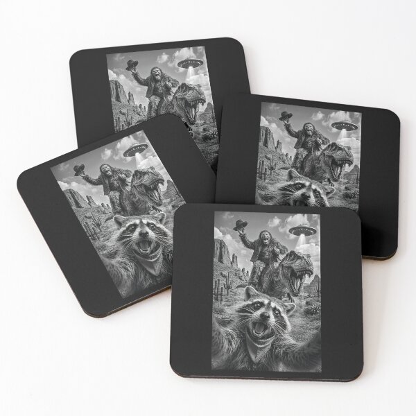 Item preview, Funny Raccoon Selfies with Bigfoot riding T-rex and UFO designed and sold by Hedoraxe.