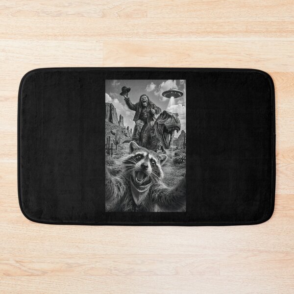 Item preview, Funny Raccoon Selfies with Bigfoot riding T-rex and UFO designed and sold by Hedoraxe.