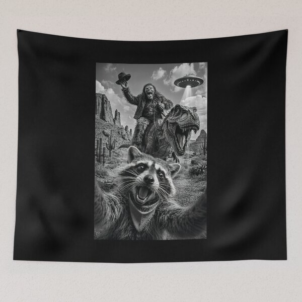 Item preview, Funny Raccoon Selfies with Bigfoot riding T-rex and UFO designed and sold by Hedoraxe.