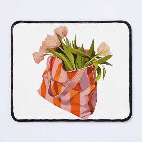 Item preview, Pink Tulip Bouquet Pink Orange Striped Tote Bag Illustration designed and sold by MindMakerStudio.