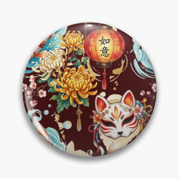 Item preview, Japanese Kitsune Mask Koi Fish Pattern Watercolors Chrysanthemum Yokai Art designed and sold by Marukami99.