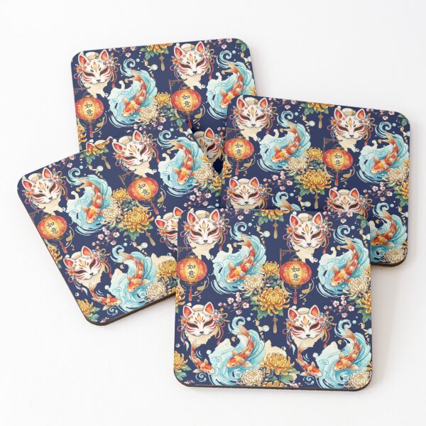 Item preview, Japanese Kitsune Mask Koi Fish Pattern Watercolors Chrysanthemum Yokai Art designed and sold by Marukami99.