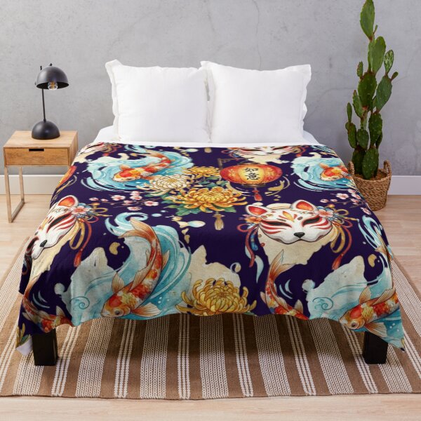 Item preview, Japanese Kitsune Mask Koi Fish Pattern Watercolors Chrysanthemum Yokai Art designed and sold by Marukami99.