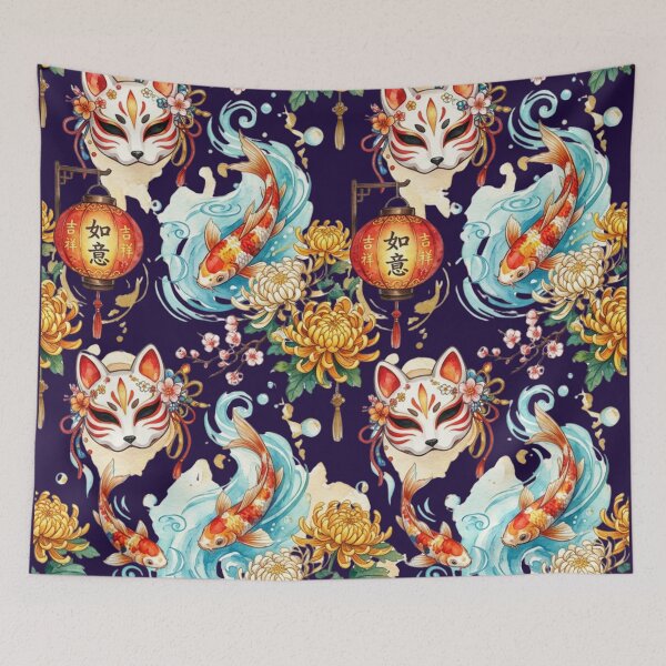 Item preview, Japanese Kitsune Mask Koi Fish Pattern Watercolors Chrysanthemum Yokai Art designed and sold by Marukami99.
