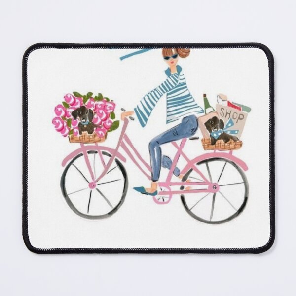 Item preview, Girl on Bike with Dachshund Dogs and Pink Roses Illustration designed and sold by MindMakerStudio.