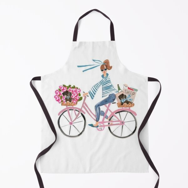Item preview, Girl on Bike with Dachshund Dogs and Pink Roses Illustration designed and sold by MindMakerStudio.