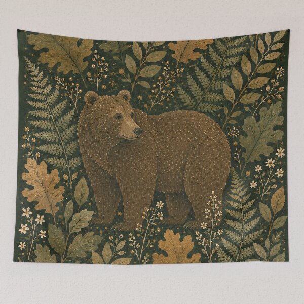 Item preview, Brown Bear Among Ferns and Oak Leaves Folk Art designed and sold by Jozefin's Studio.