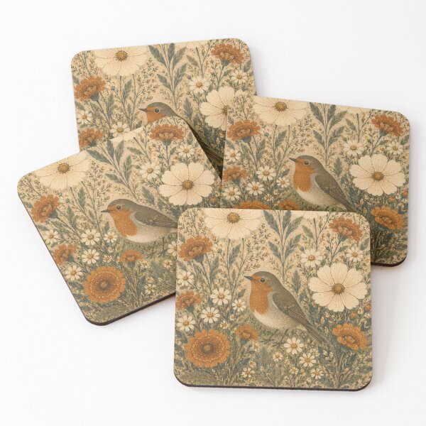 Item preview, Robin Red Breast with Wildflowers Vintage Botanical designed and sold by Jozefin's Studio.