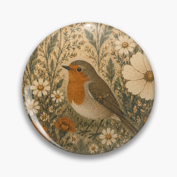Item preview, Robin Red Breast with Wildflowers Vintage Botanical designed and sold by Jozefin's Studio.