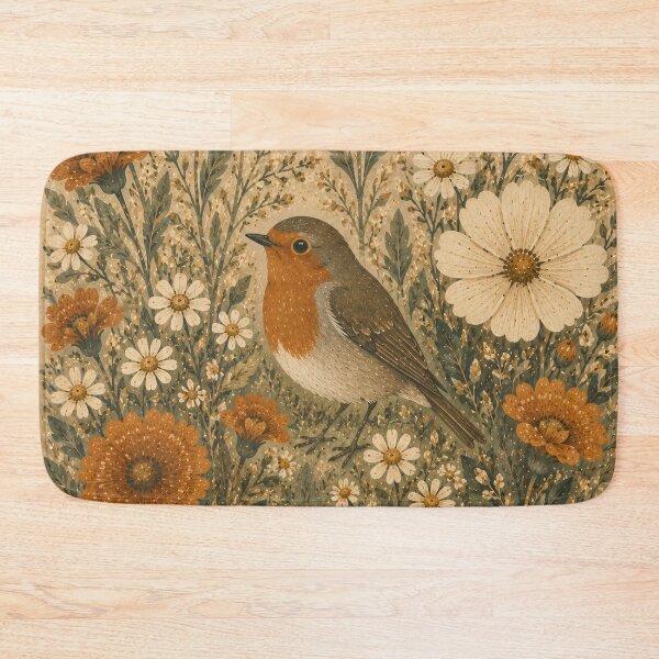 Item preview, Robin Red Breast with Wildflowers Vintage Botanical designed and sold by Jozefin's Studio.