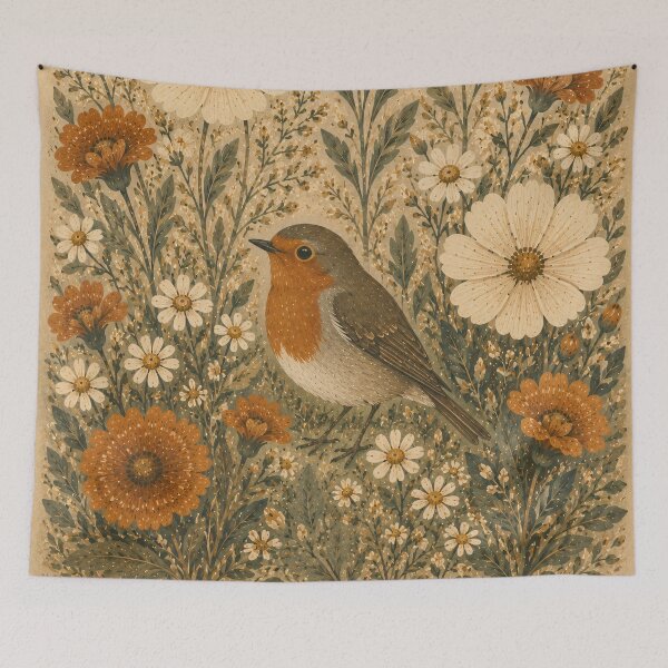 Item preview, Robin Red Breast with Wildflowers Vintage Botanical designed and sold by Jozefin's Studio.