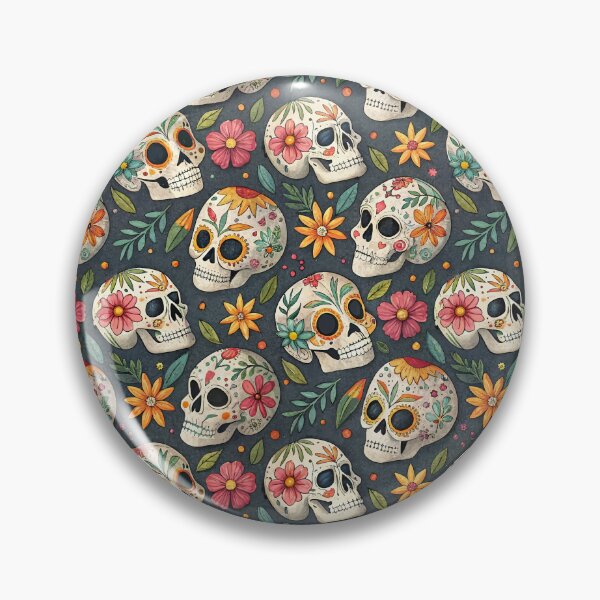 Item preview, Repeating pattern of white Catrina skulls with colorful flowers on a dark gray background designed and sold by Pattique.
