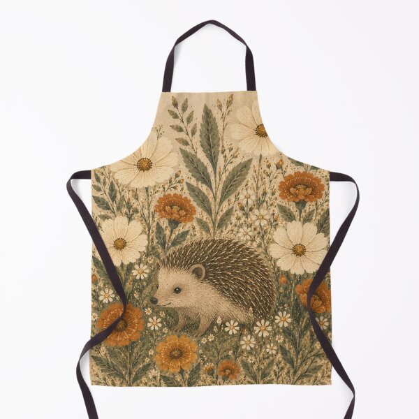 Item preview, Hedgehog In Wildflowers - Cream Cosmos And Terracotta Marigold Folk Art designed and sold by Jozefin's Studio.