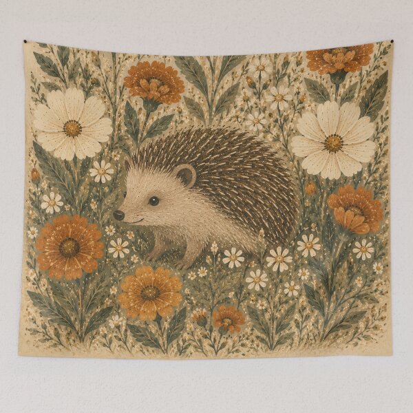 Item preview, Hedgehog In Wildflowers - Cream Cosmos And Terracotta Marigold Folk Art designed and sold by Jozefin's Studio.