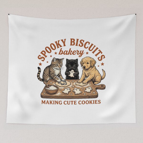 Item preview, Spooky Biscuits Bakery Cute Cats and Golden Puppy Making Cookies Graphic designed and sold by KreatoLab.