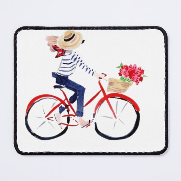 Item preview, French Style Girl on Red Bike with Flower Basket Watercolor Illustration designed and sold by MindMakerStudio.
