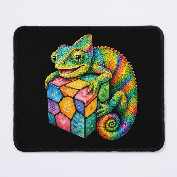 Item preview, Cute Colorful Chameleon with Puzzle Cube Watercolor Art designed and sold by GusiaTreasures.