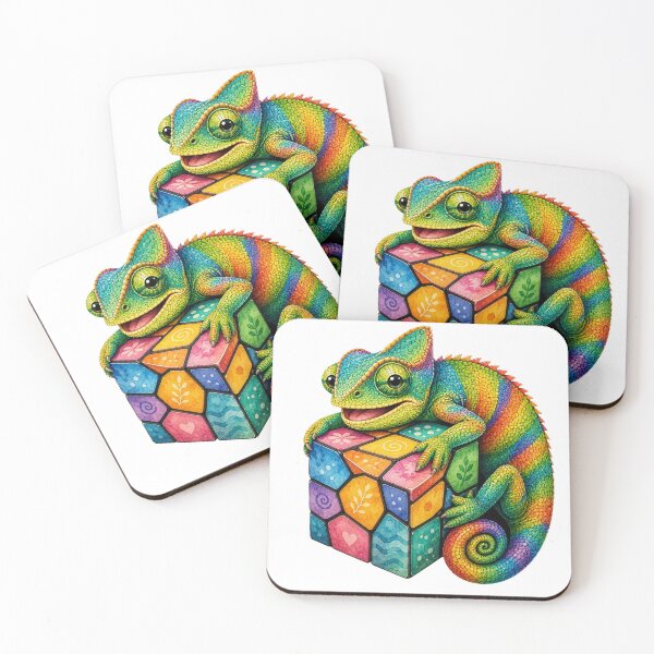 Item preview, Cute Colorful Chameleon with Puzzle Cube Watercolor Art designed and sold by GusiaTreasures.