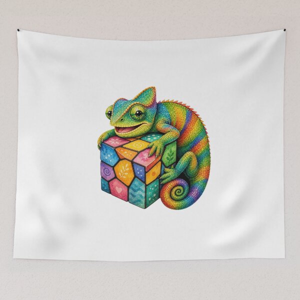 Item preview, Cute Colorful Chameleon with Puzzle Cube Watercolor Art designed and sold by GusiaTreasures.