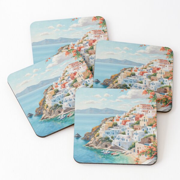 Item preview, Santorini Mediterranean Coastal Oil Painting Art Print designed and sold by adlkh.
