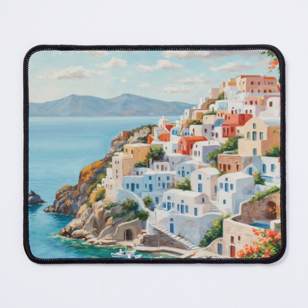 Item preview, Santorini Mediterranean Coastal Oil Painting Art Print designed and sold by adlkh.
