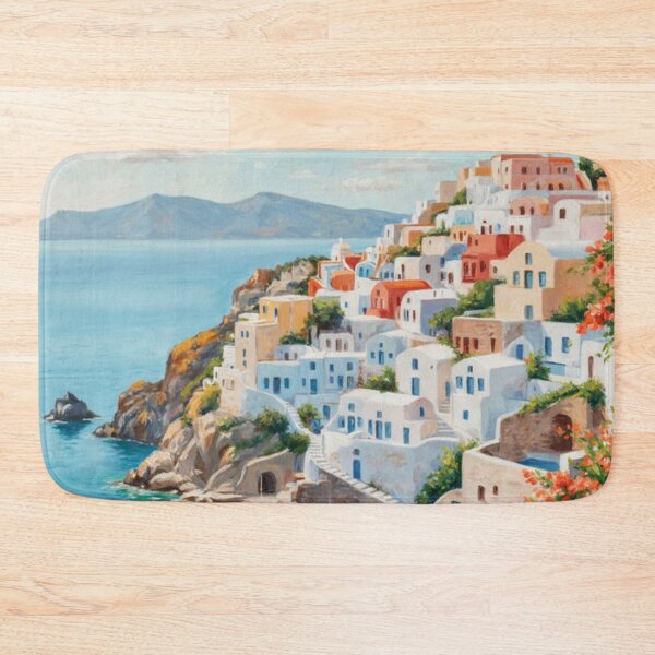Item preview, Santorini Mediterranean Coastal Oil Painting Art Print designed and sold by adlkh.
